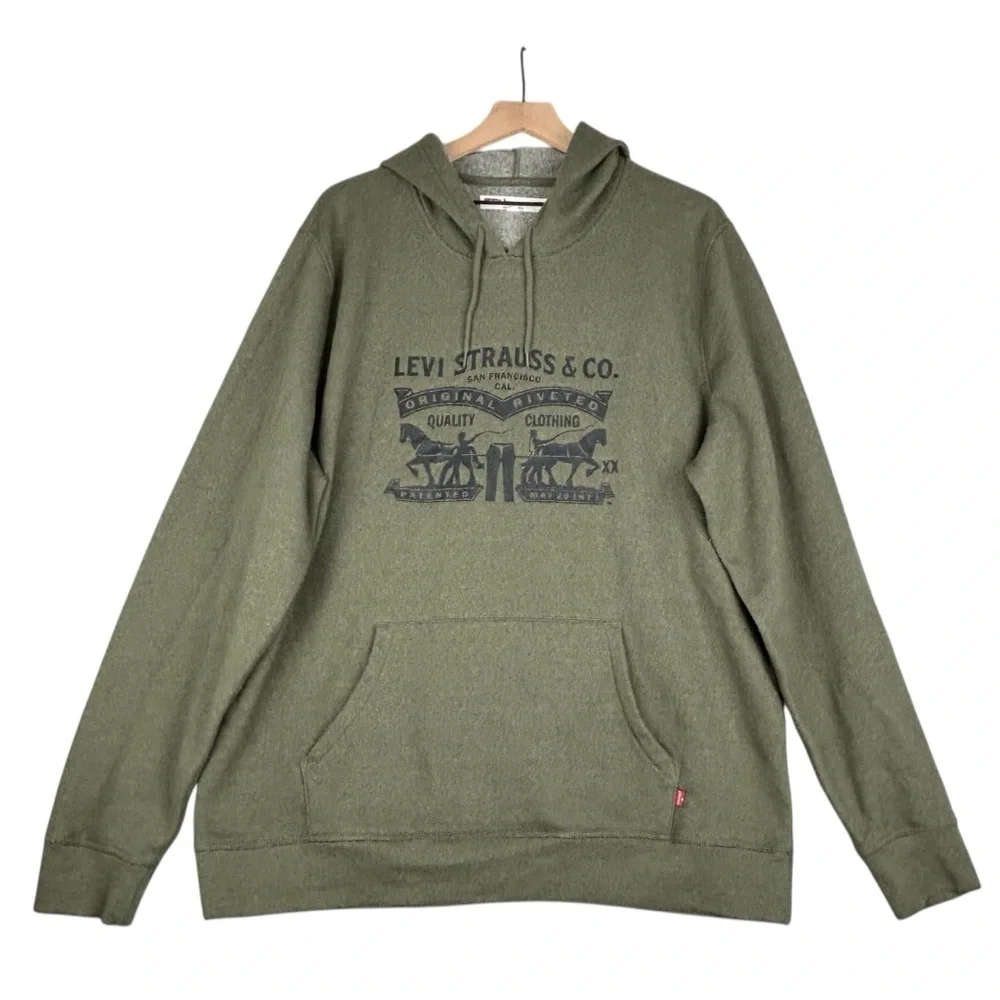 Levi's Hoodie Mens XL Olive Green‎ Graphic Print Spell Out Casual Sweatshirt